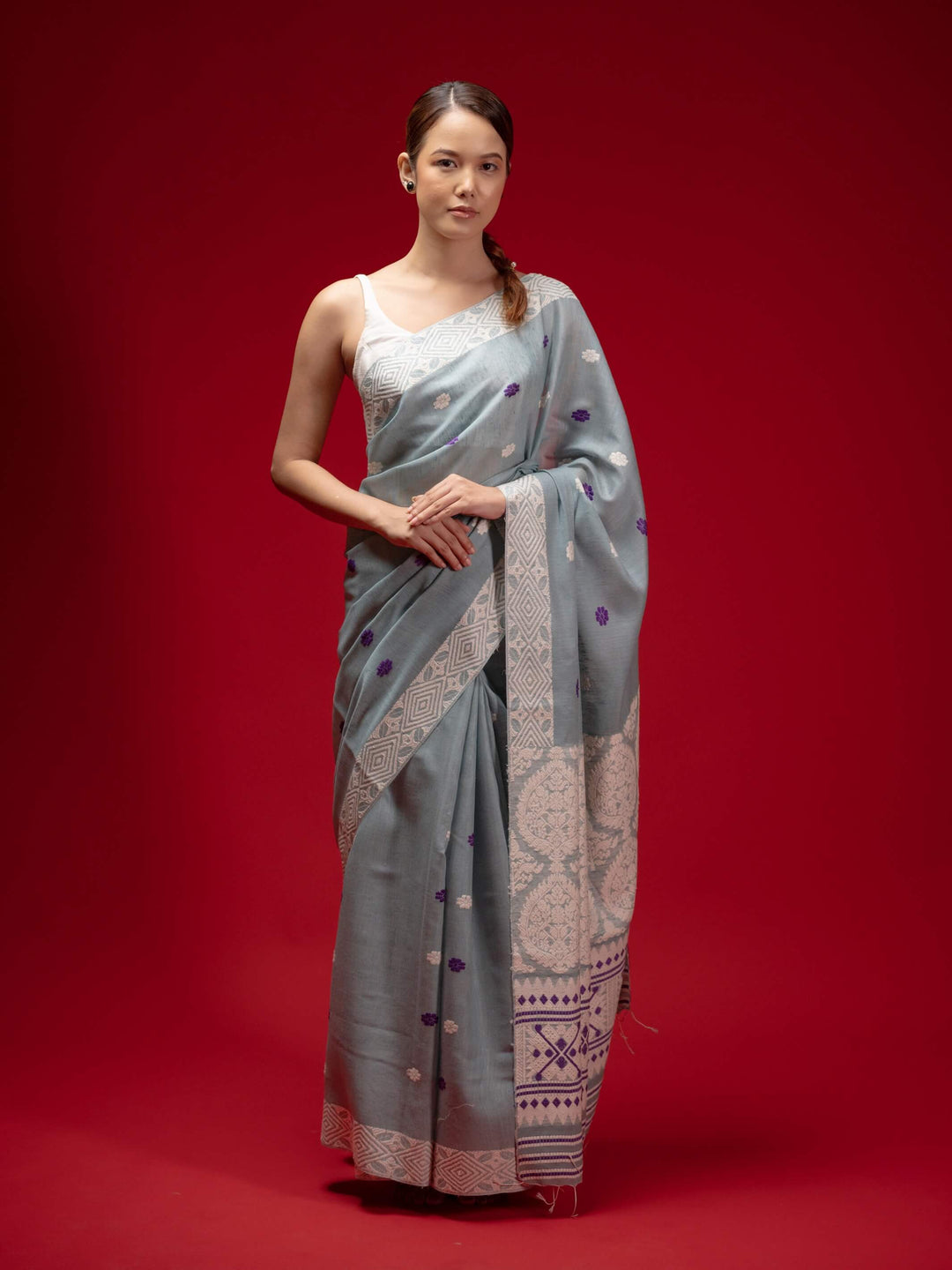Smoky Blue Eri Kesa Paat Silk Saree