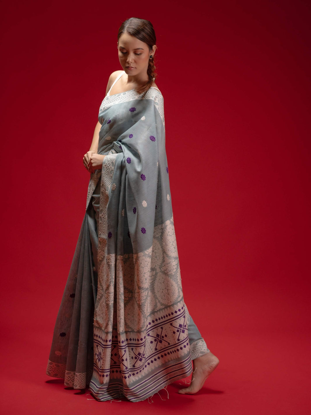 Smoky Blue Eri Kesa Paat Silk Saree