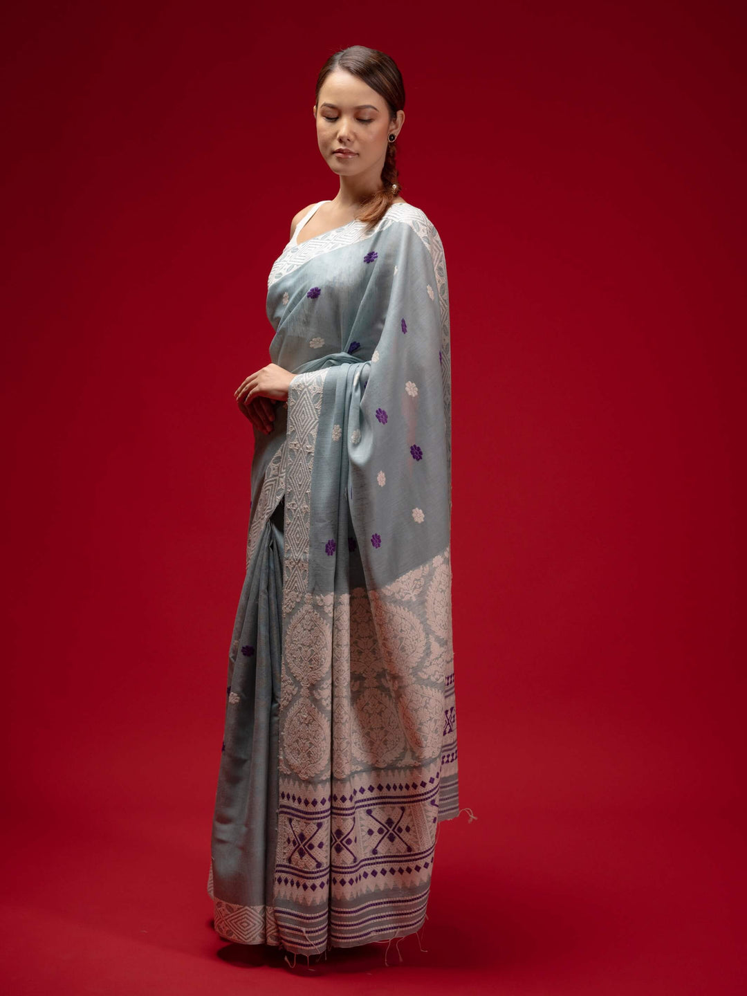 Smoky Blue Eri Kesa Paat Silk Saree
