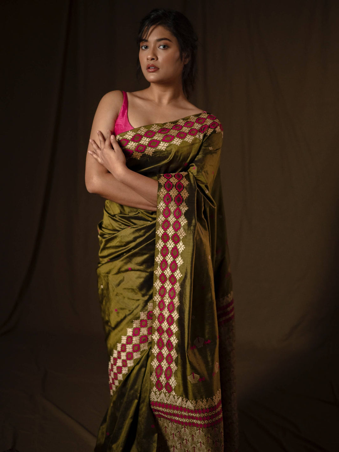 Olive Green Paat Silk Saree