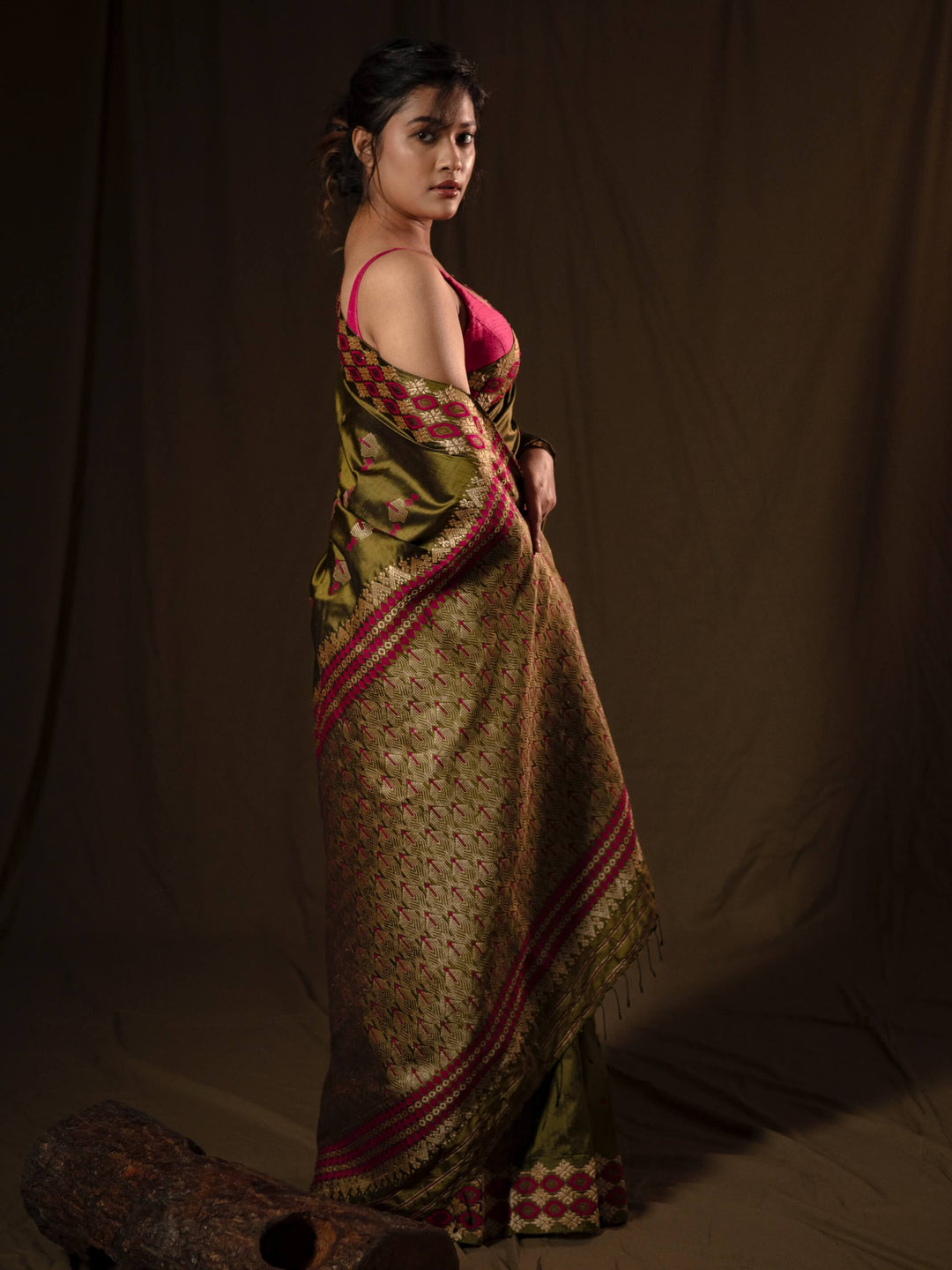 Olive Green Paat Silk Saree