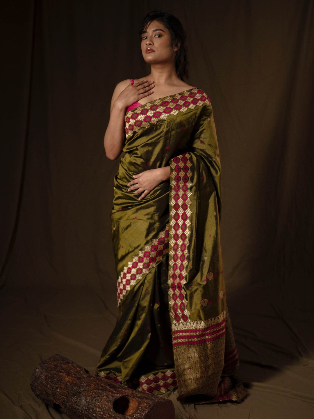 Olive Green Paat Silk Saree
