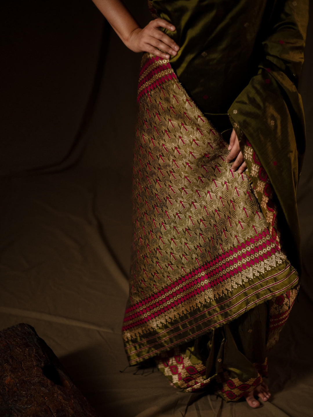 Olive Green Paat Silk Saree