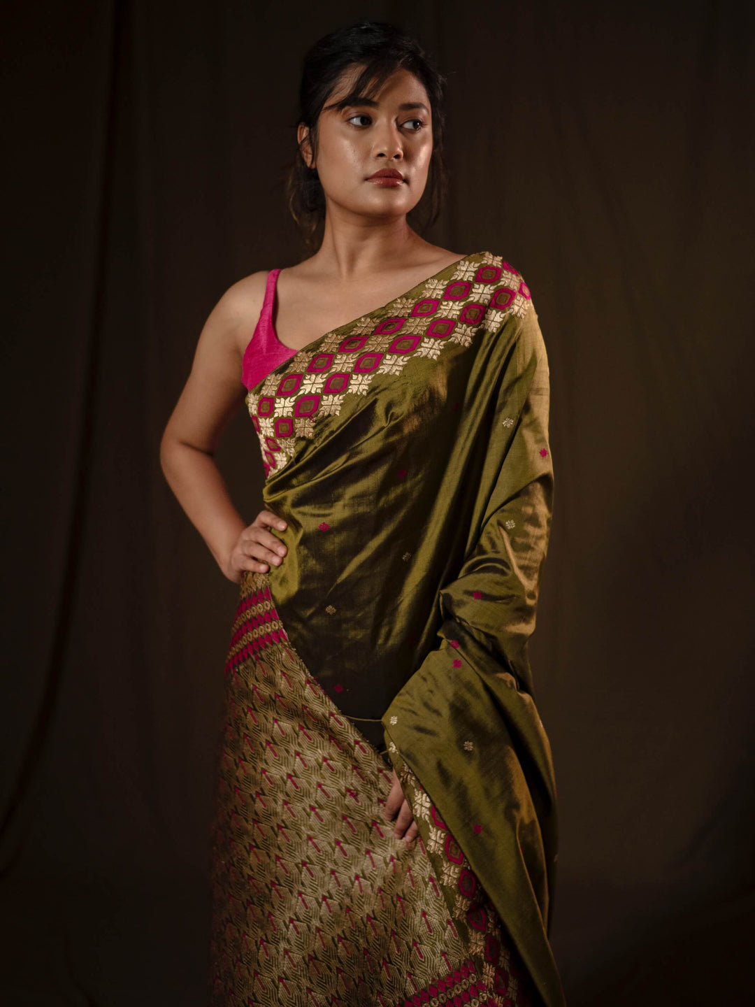Olive Green Paat Silk Saree
