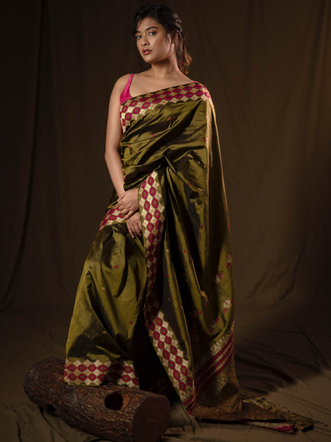 Olive Green Paat Silk Saree