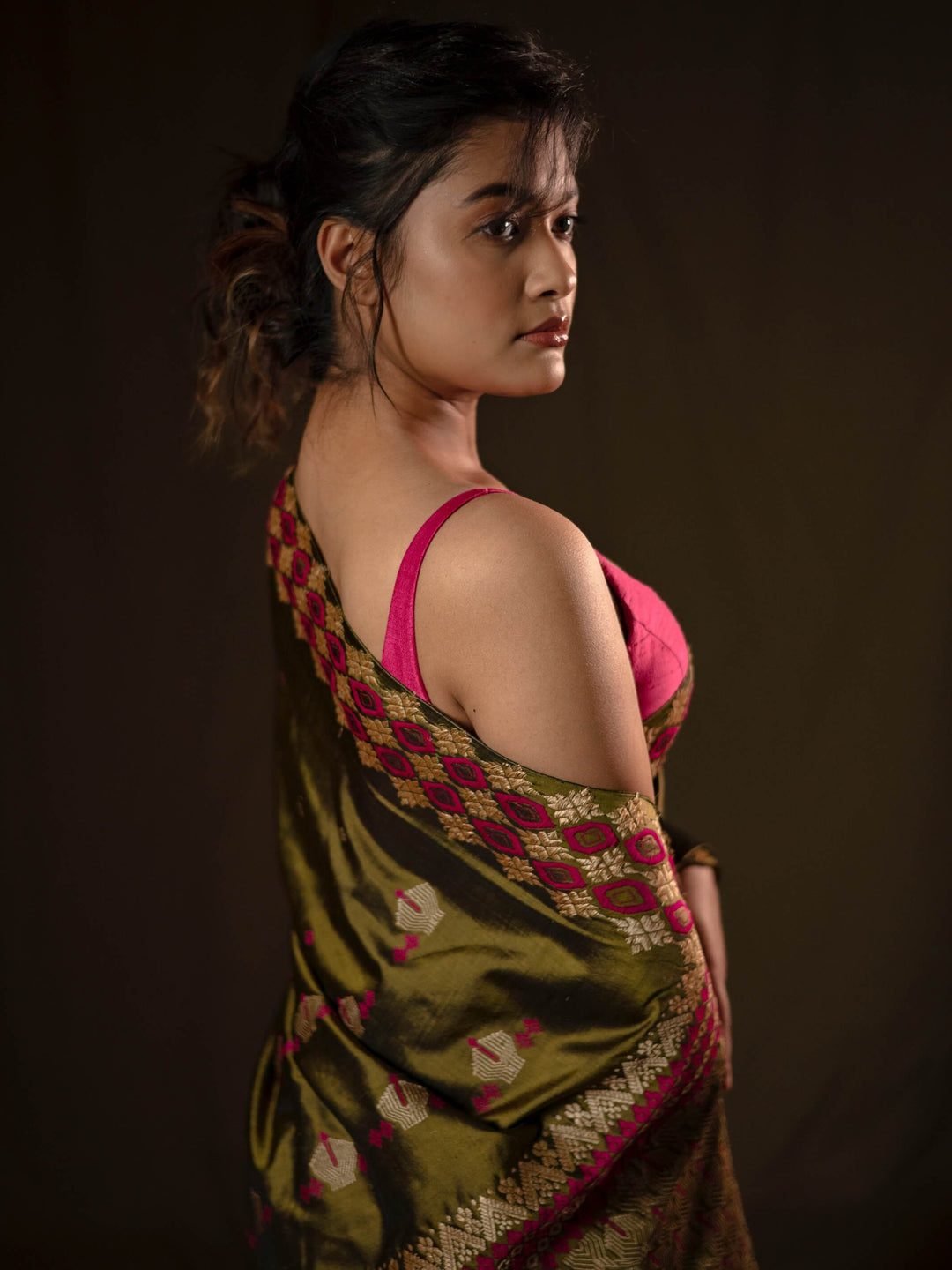Olive Green Paat Silk Saree