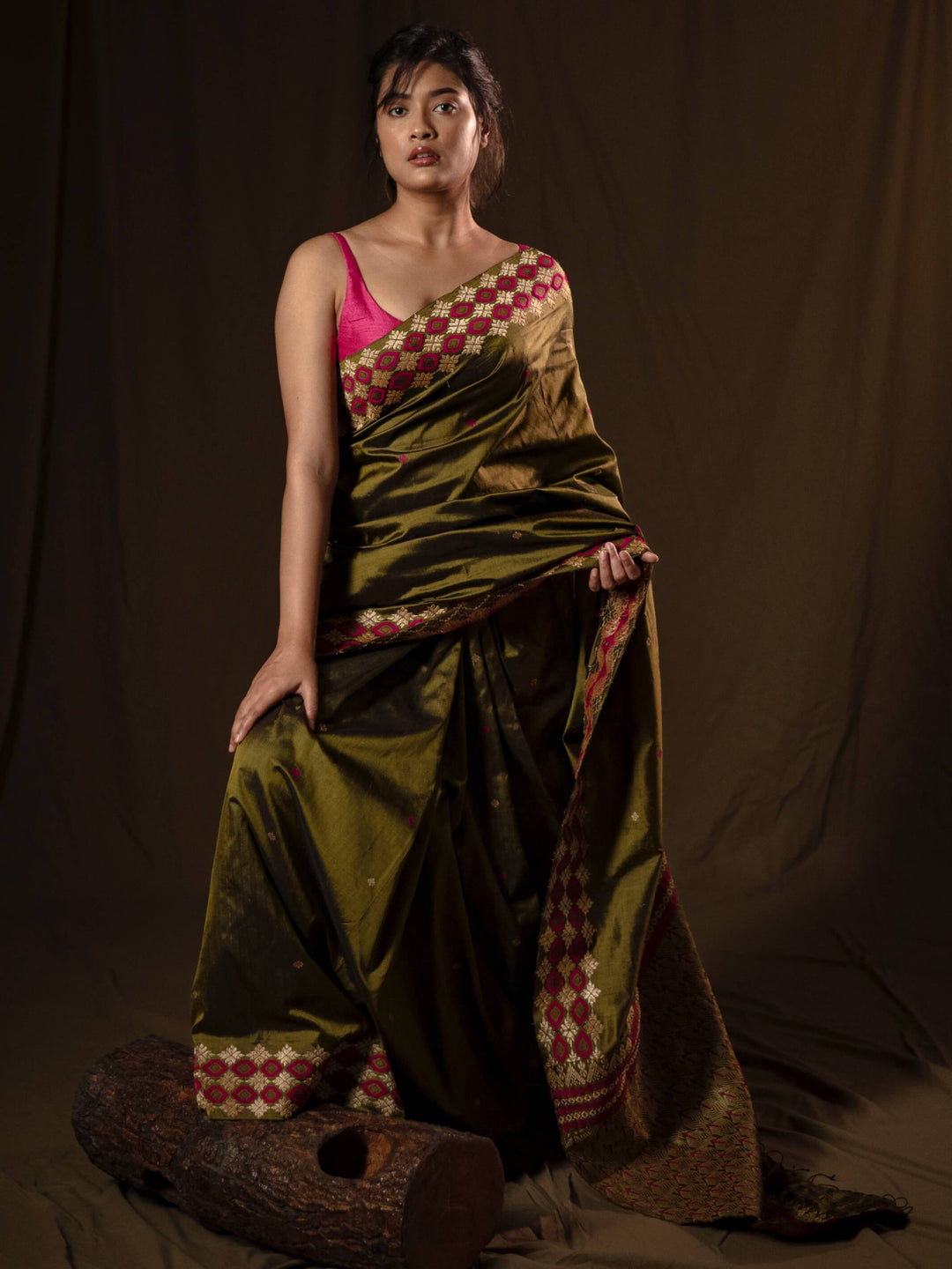 Olive Green Paat Silk Saree