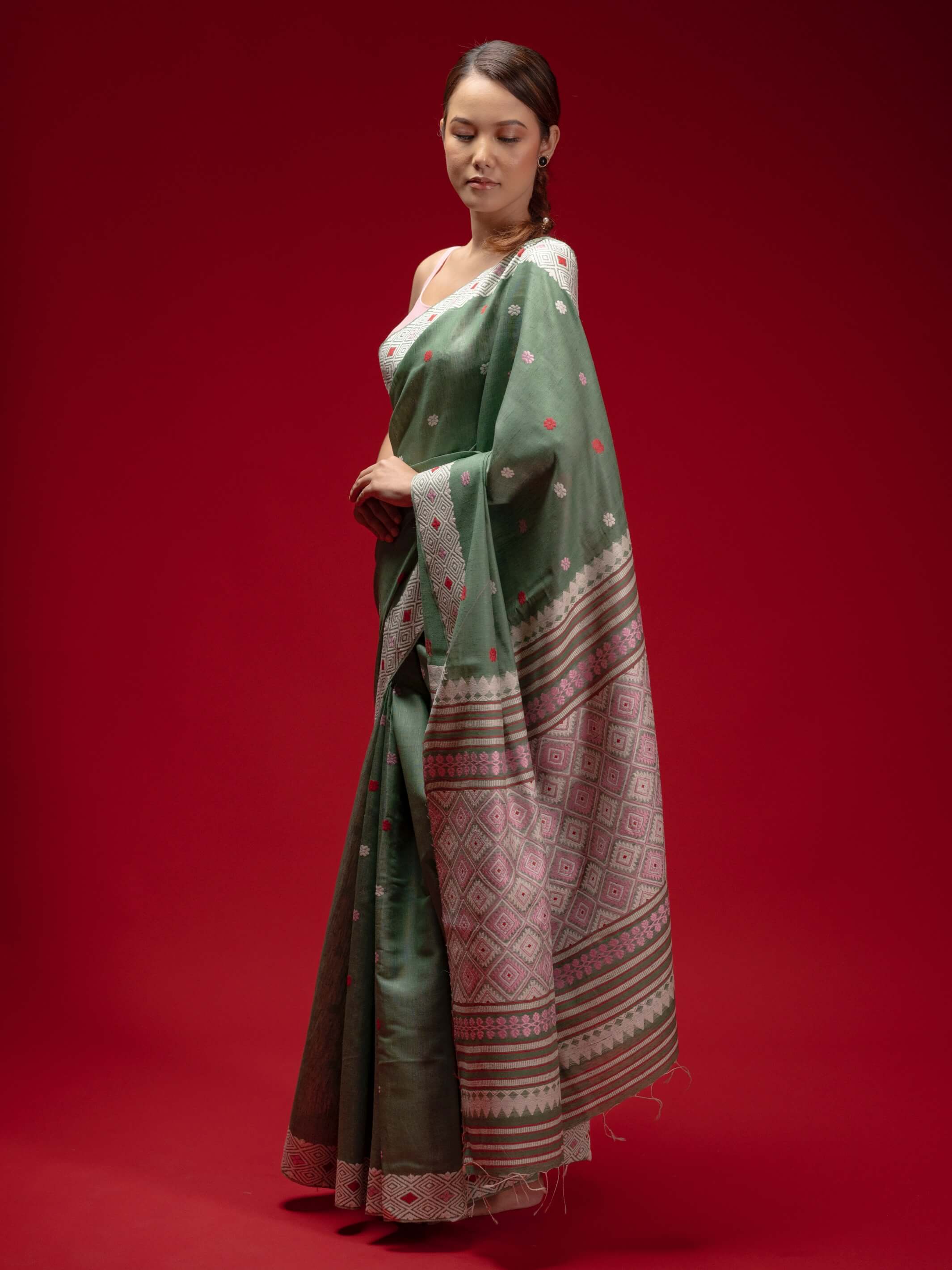 Woman wearing a green saree with a red background