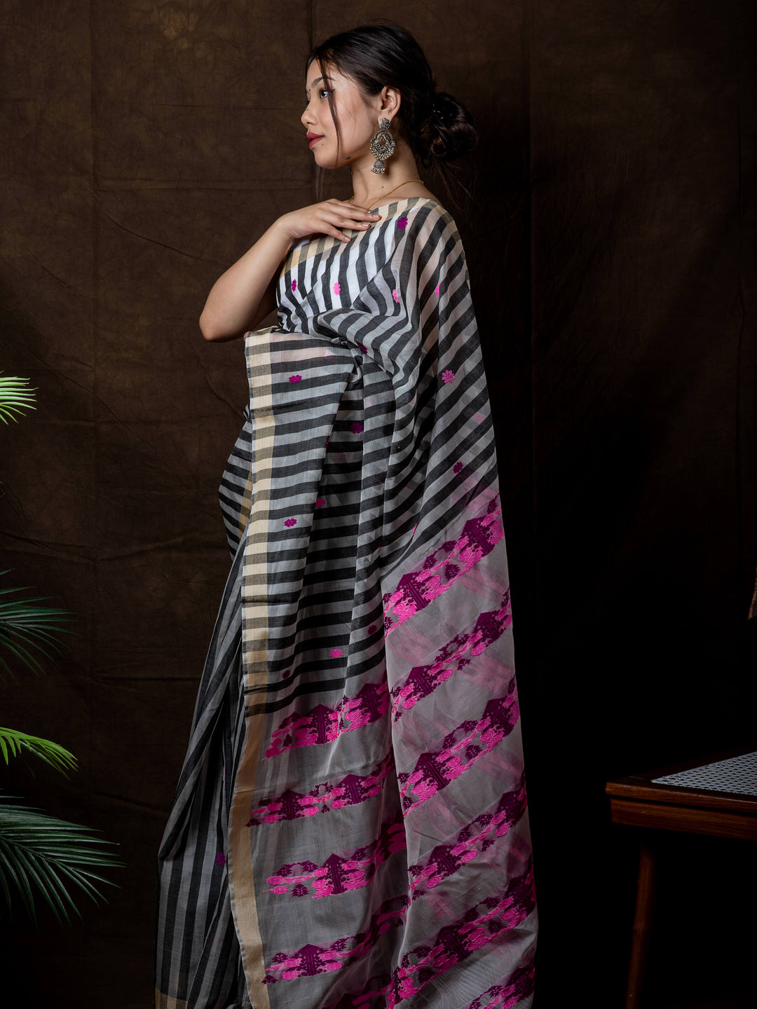 Black Stripe Kesa Paat Silk Saree