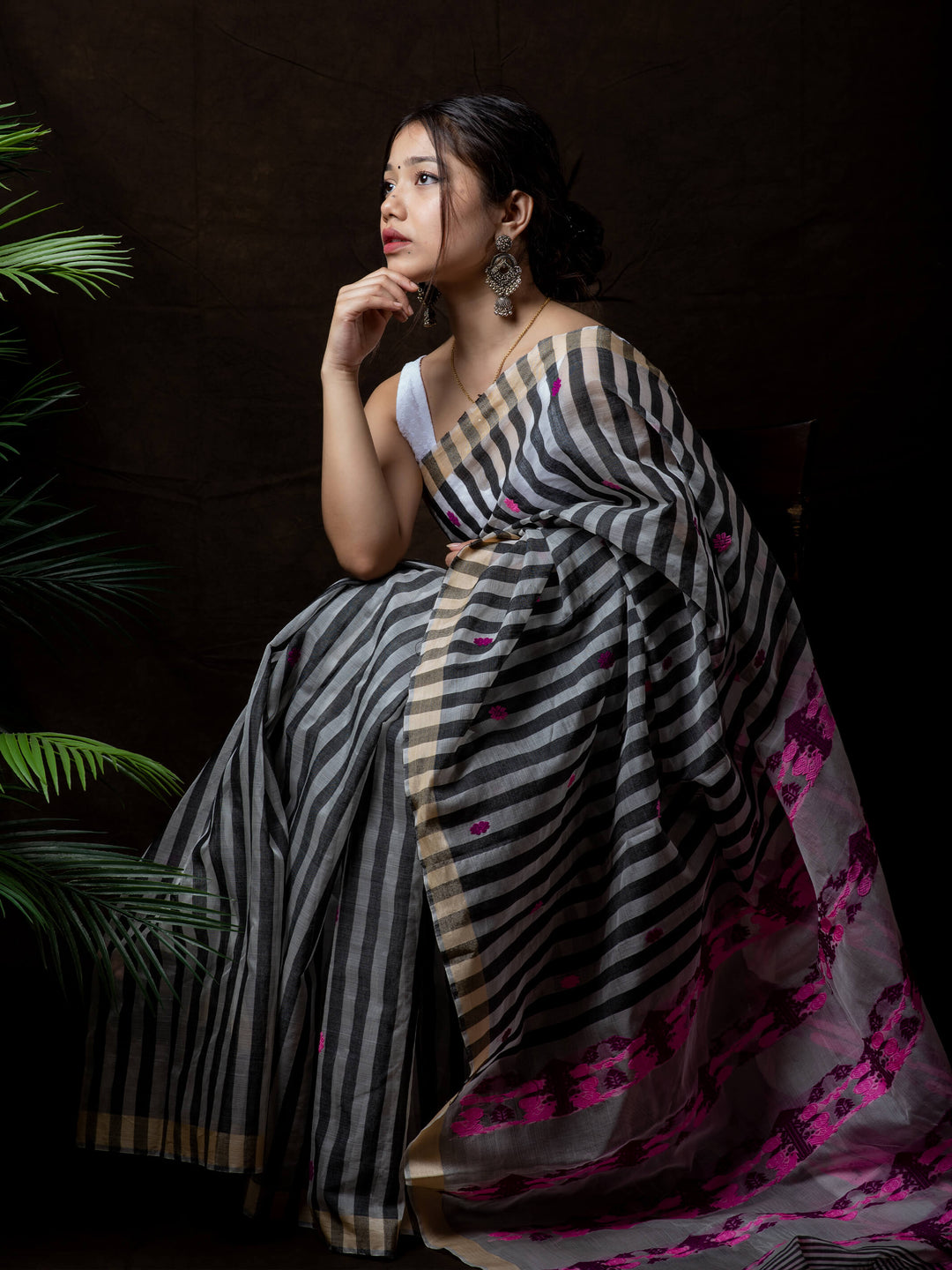 Black Stripe Kesa Paat Silk Saree