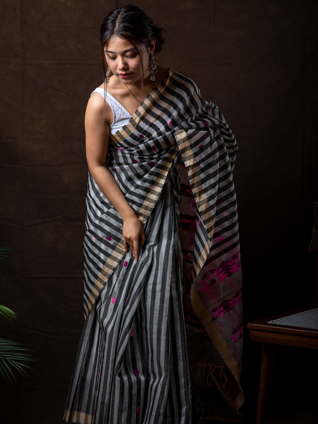 Black Stripe Kesa Paat Silk Saree