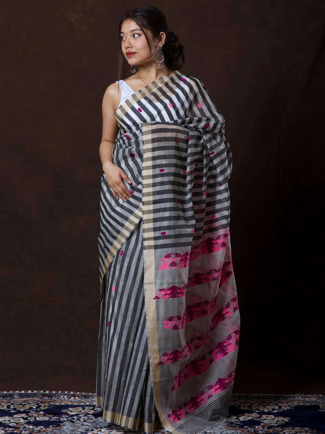 Black Stripe Kesa Paat Silk Saree