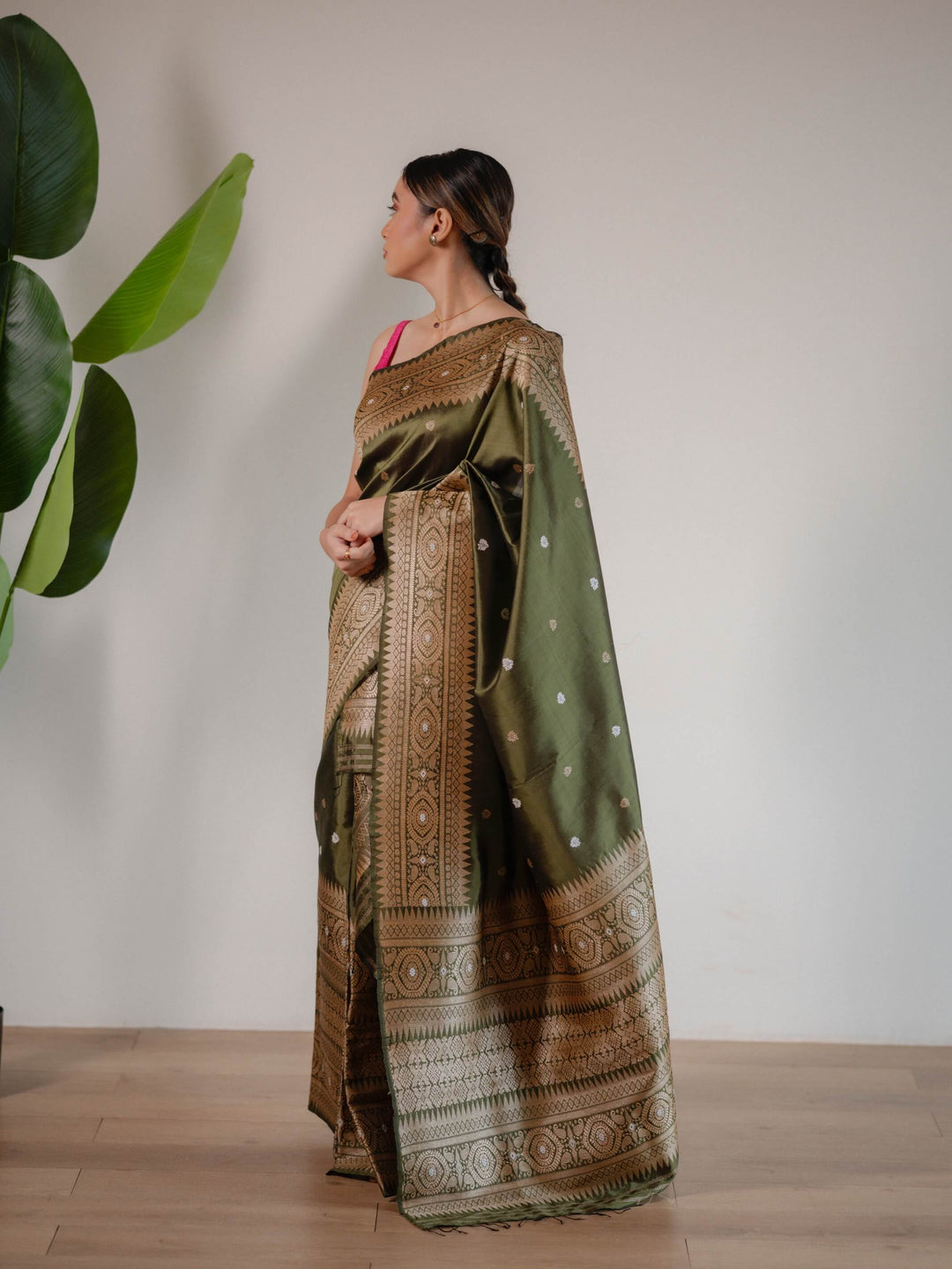 Olive Green Paat Silk Mekhela Sador