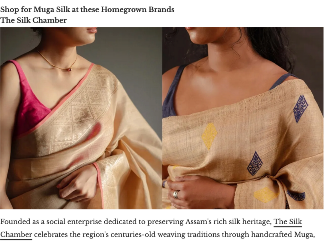 A promotional collage showing two women wearing beige silk sarees with pink and navy blue blouse/sleeve accents, with text above and below promoting The Silk Chamber.