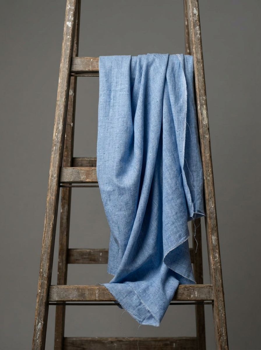 A light blue Eri silk fabric, draped over the rungs of a rustic wooden ladder against a solid dark gray background.