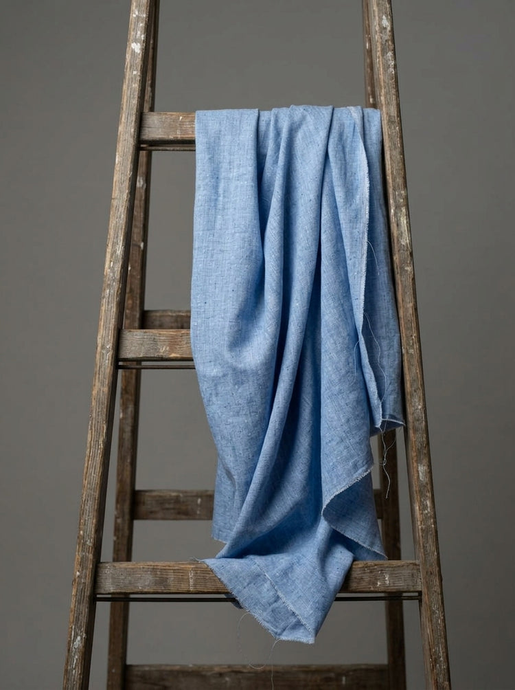 A light blue Eri silk fabric, draped over the rungs of a rustic wooden ladder against a solid dark gray background.