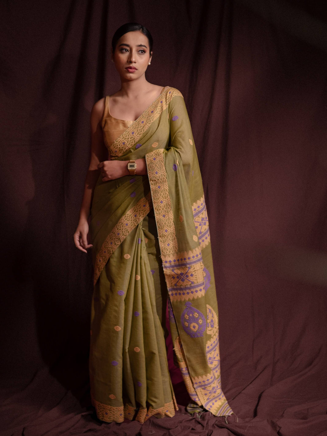 Chartreuse Eri Kesa Paat Silk Saree