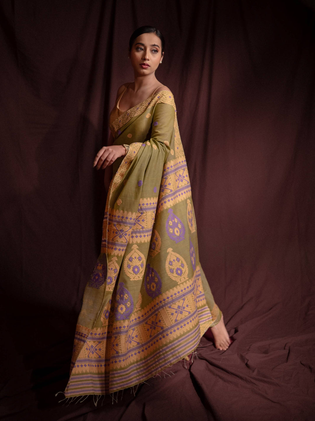 Chartreuse Eri Kesa Paat Silk Saree