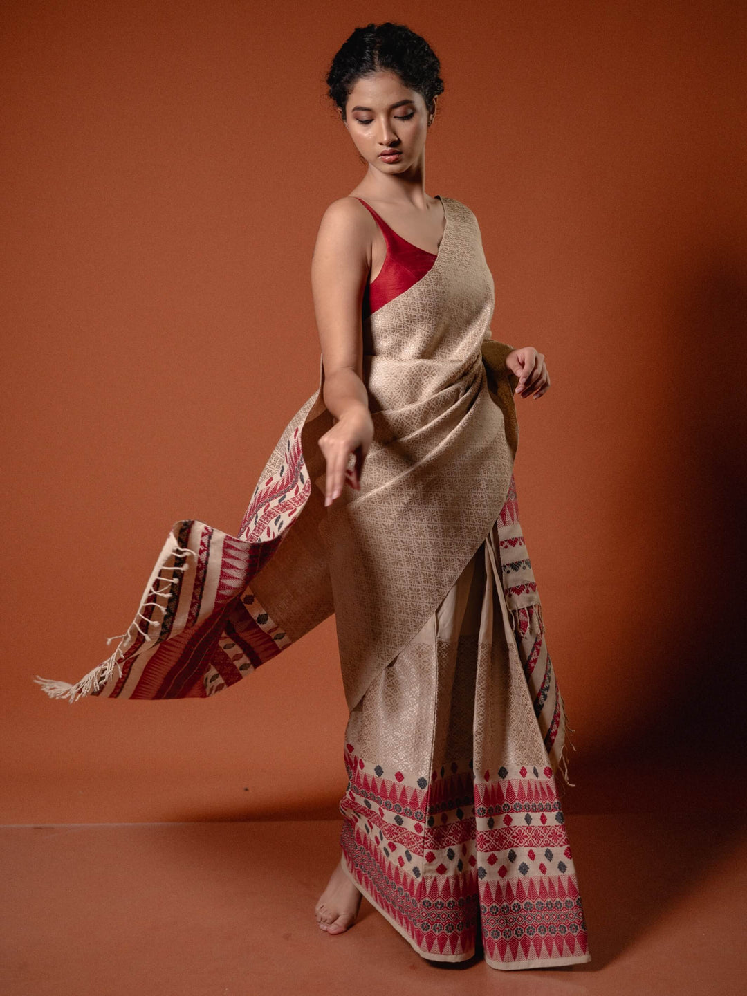 Natural Red Eri Silk Mekhela Sador