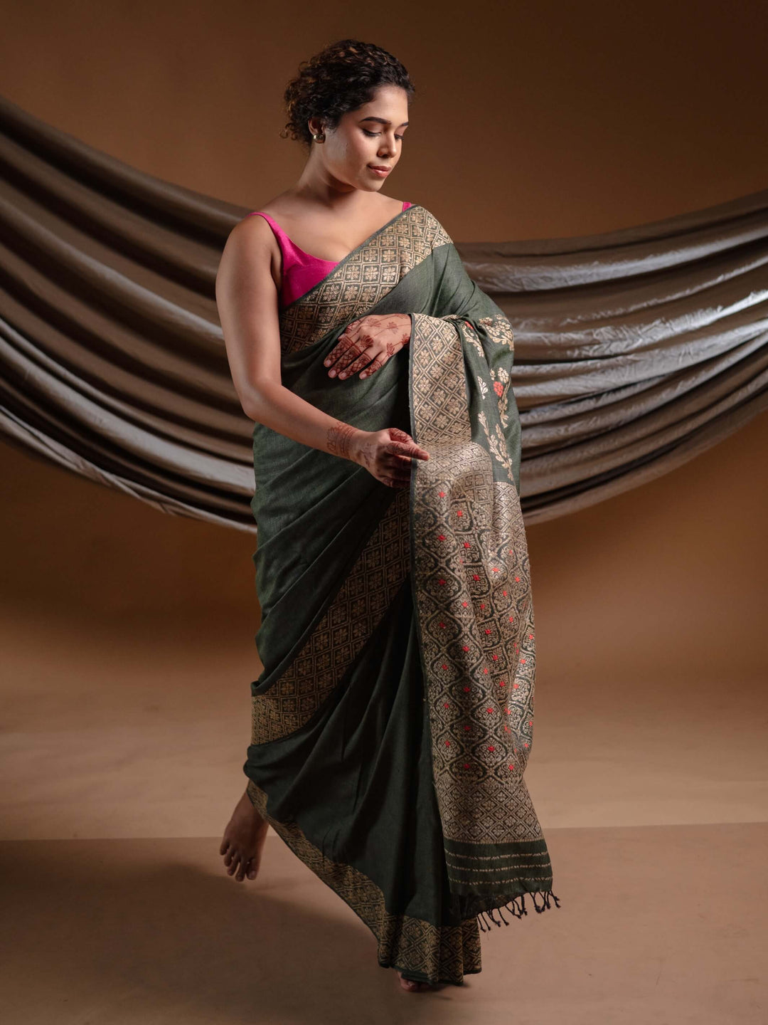 Hunter Green Eri Silk Saree