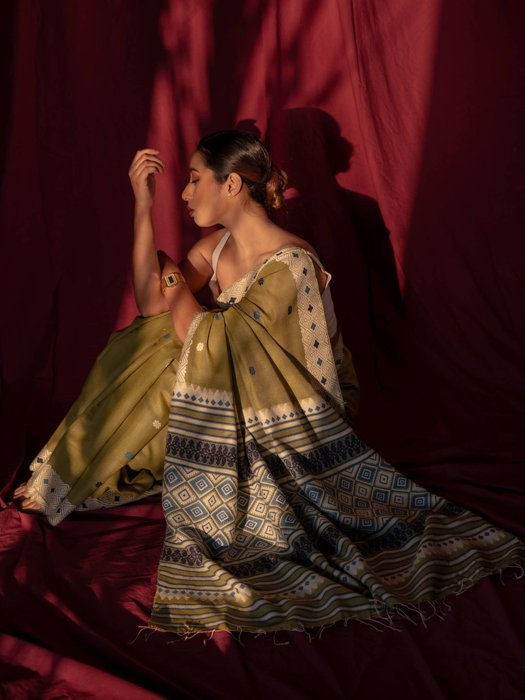 Chartreuse Eri Kesa Paat Silk Saree