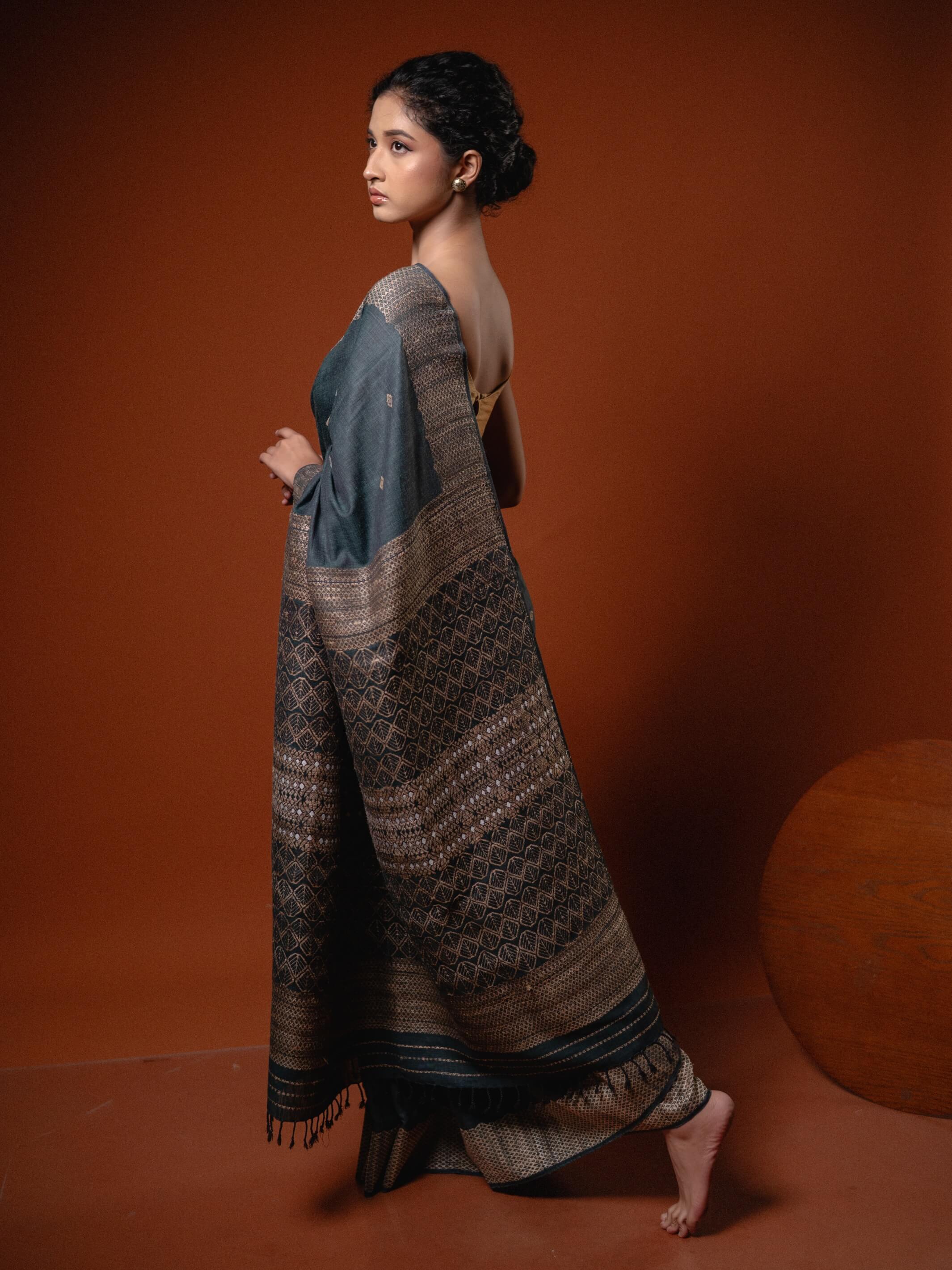 Woman wearing a woven saree against an orange background