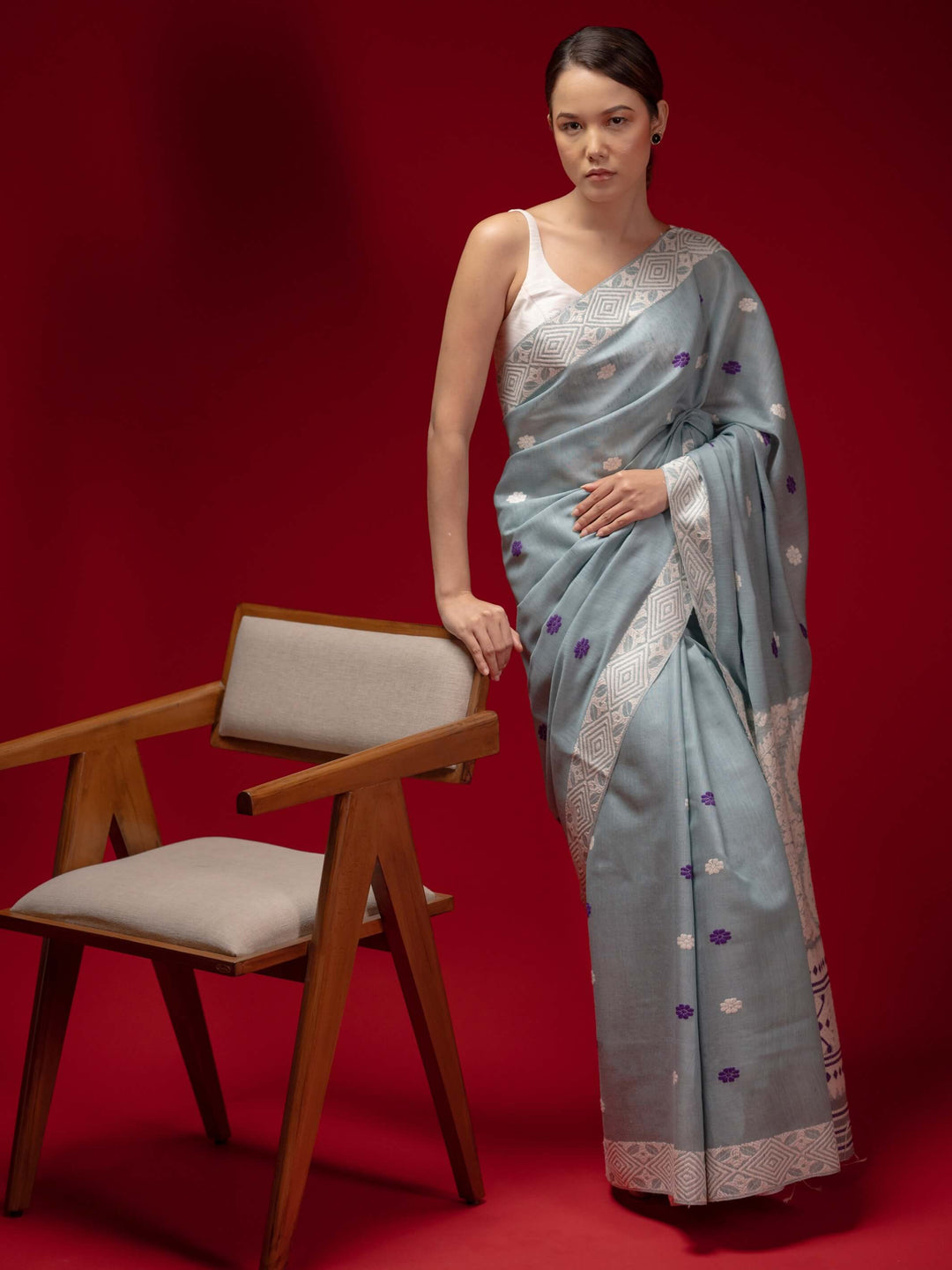 Smoky Blue Eri Kesa Paat Silk Saree