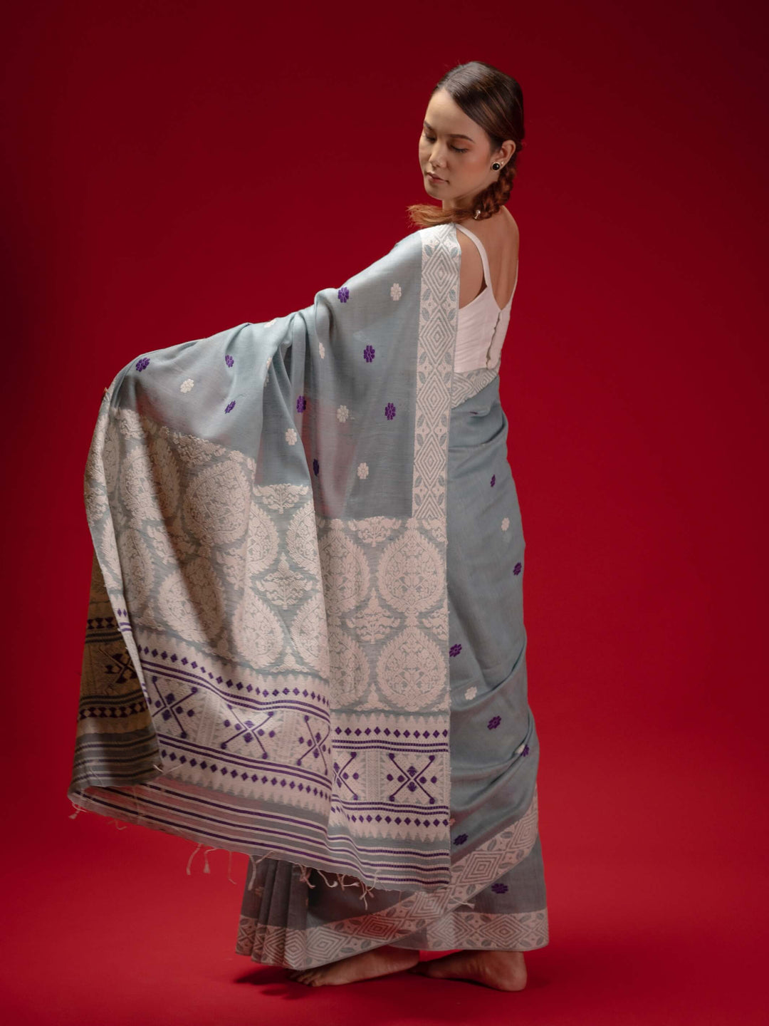 Smoky Blue Eri Kesa Paat Silk Saree