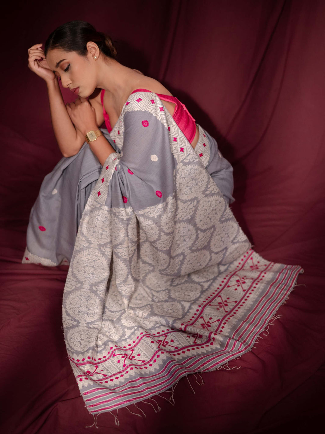 Lavender Gray Eri Kesa Paat Silk Saree