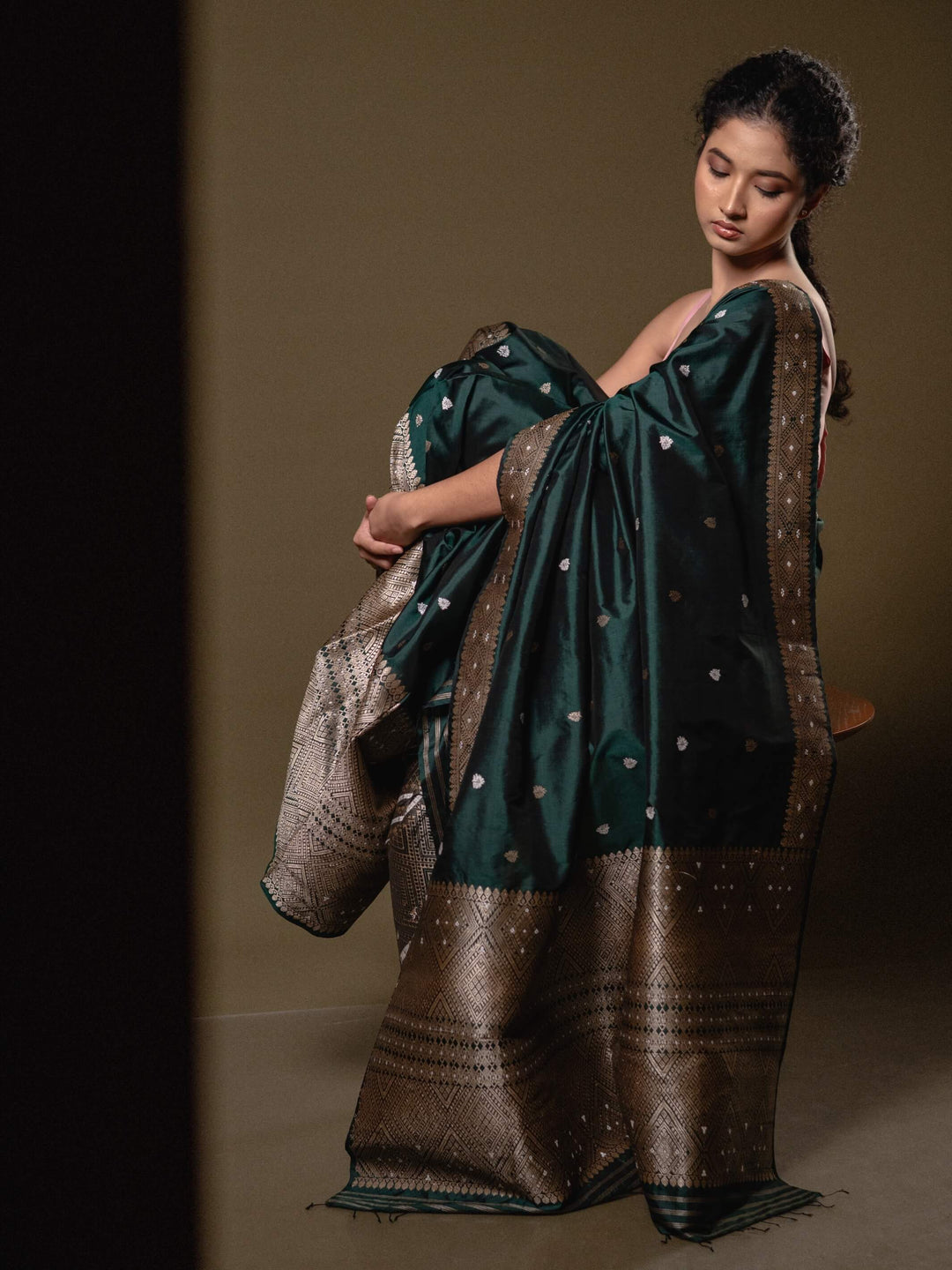 Forest Green Paat Silk Mekhela Sador