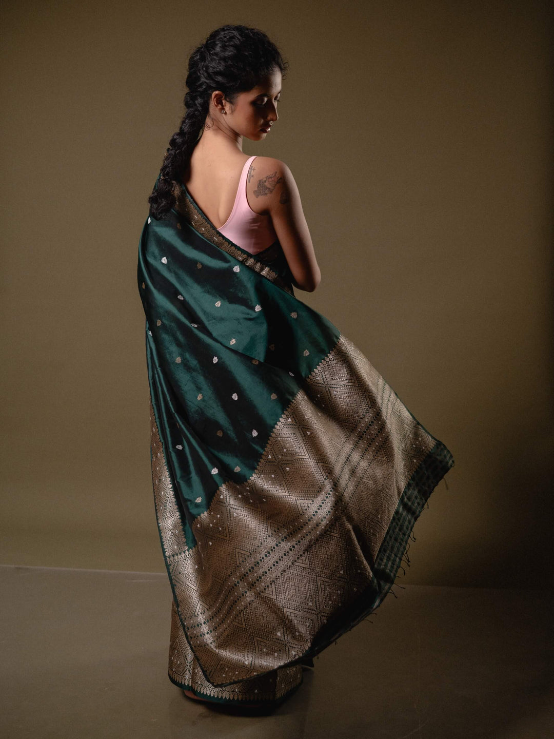 Forest Green Paat Silk Mekhela Sador