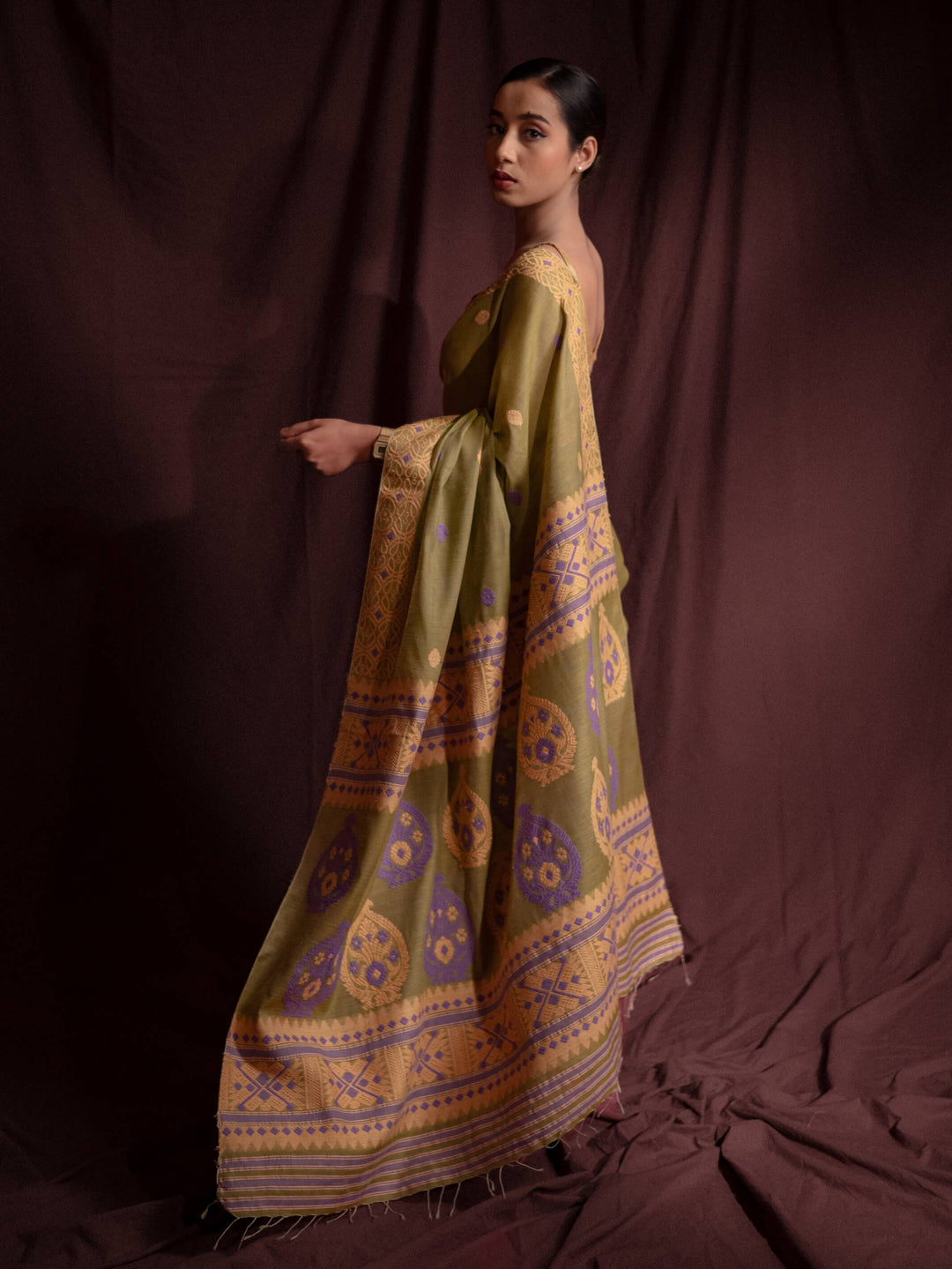 Chartreuse Eri Kesa Paat Silk Saree