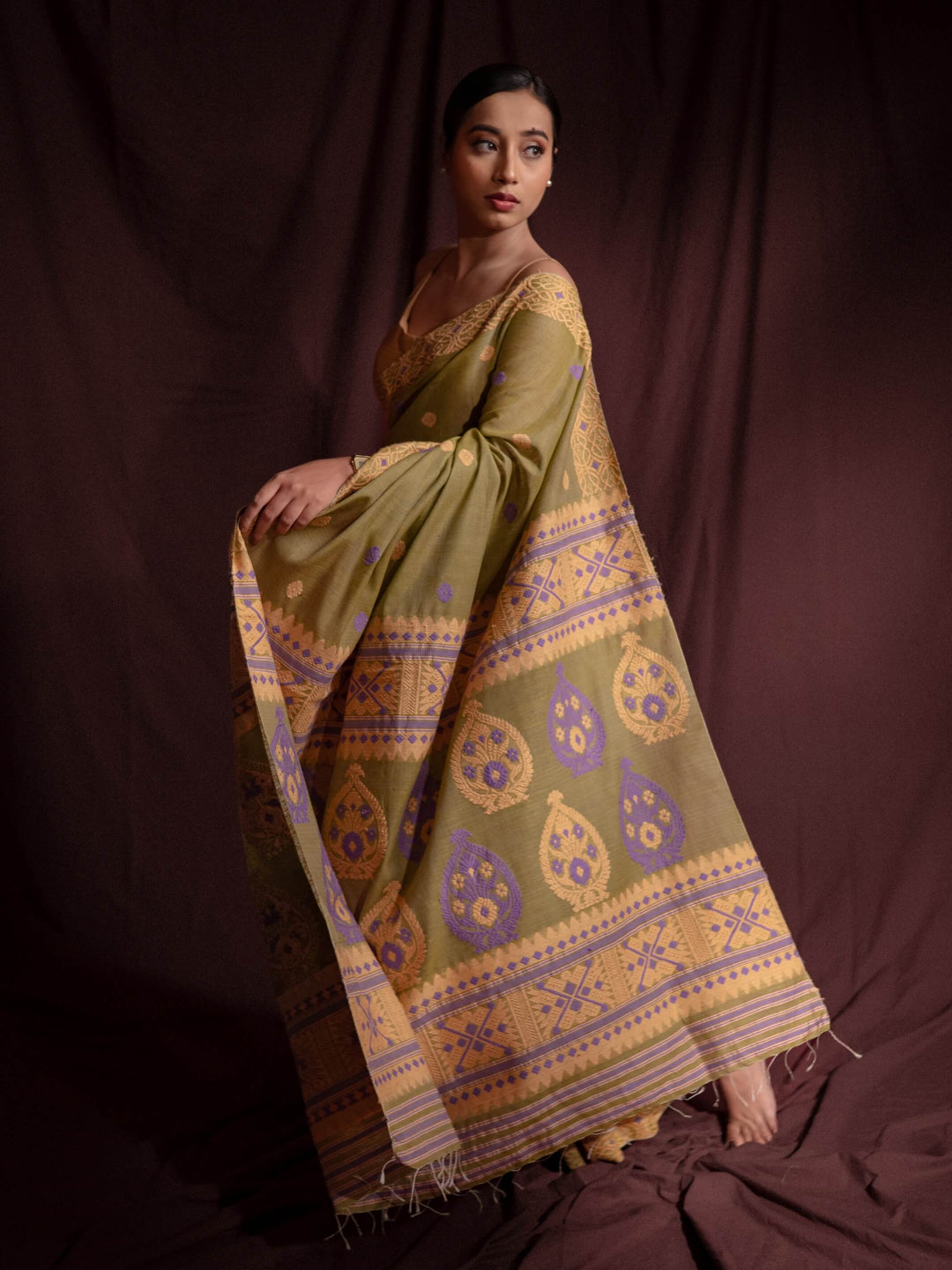 Chartreuse Eri Kesa Paat Silk Saree