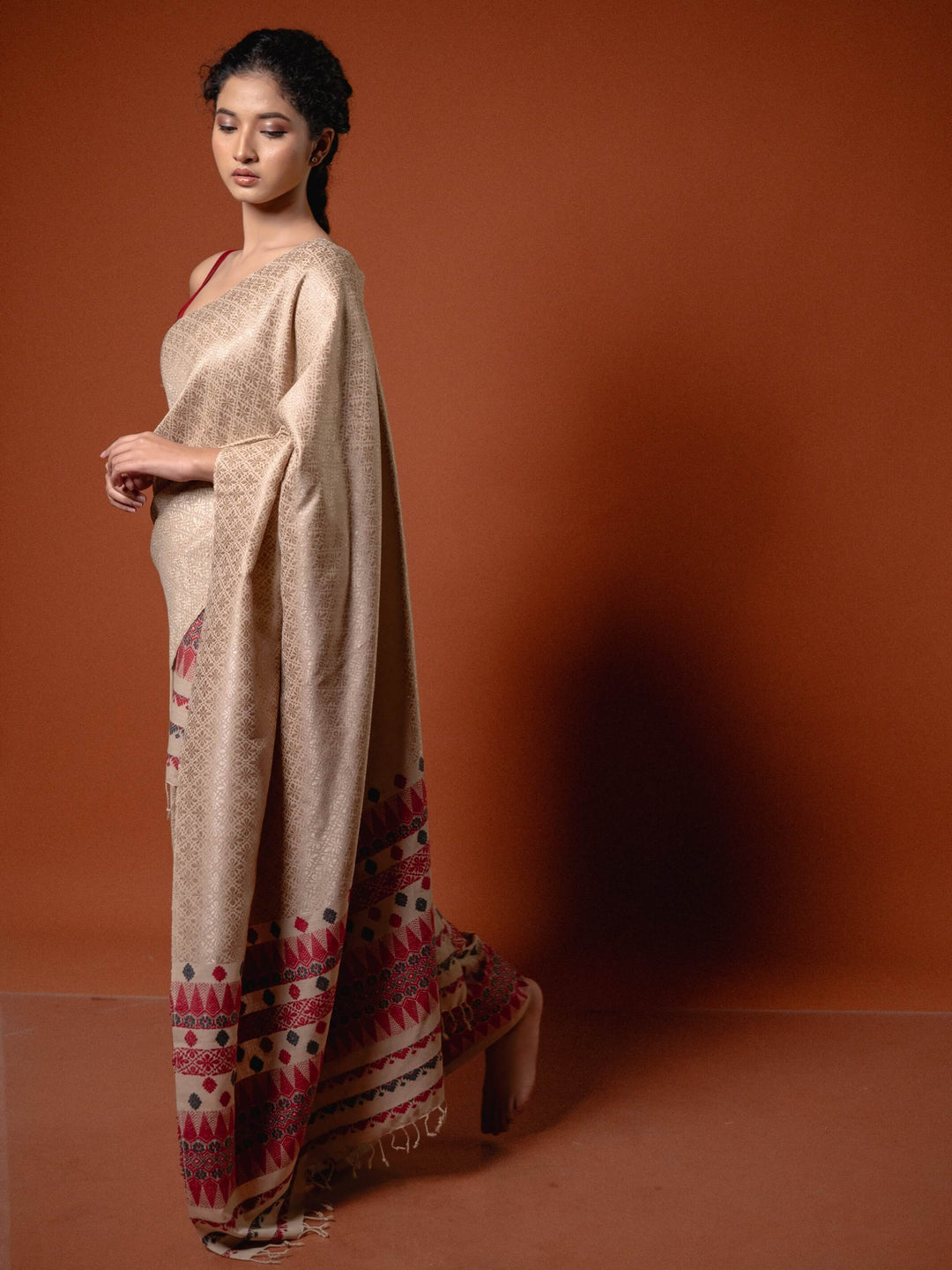 Natural Red Eri Silk Mekhela Sador