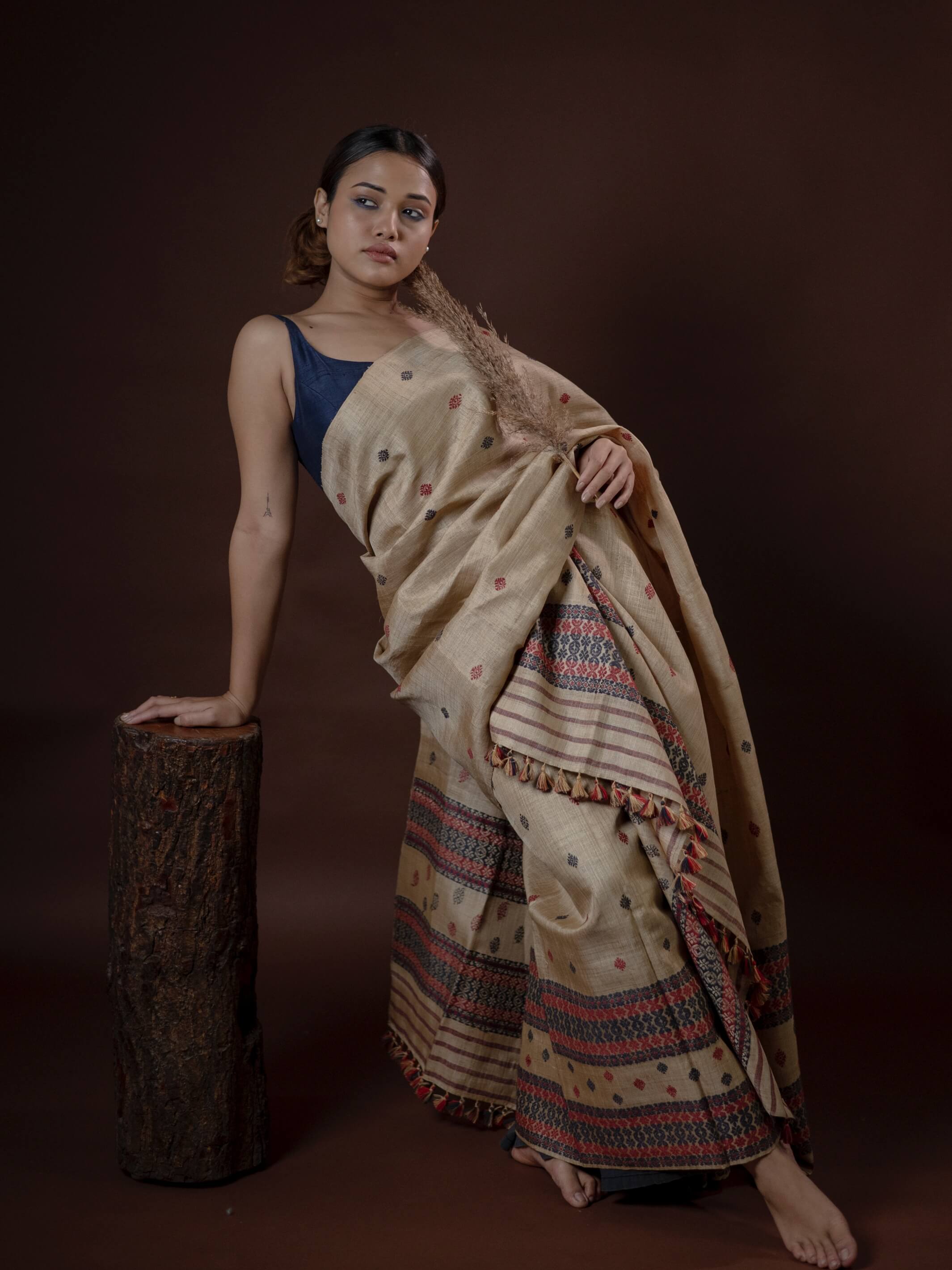 Jacquard Crem Poly Patt Assamese Mekhela Chador (Coffee), With blouse piece  at Rs 420/piece in Surat