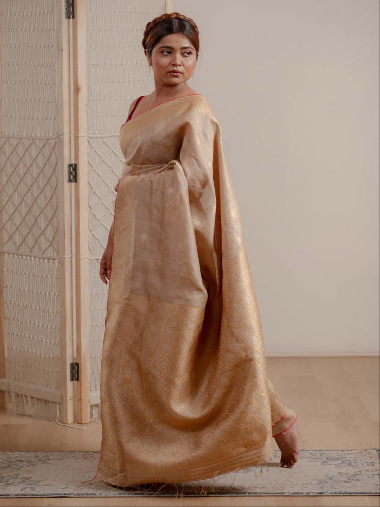 A woman models a draped Muga silk saree in a studio setting with a light wood folding screen and neutral wall background.