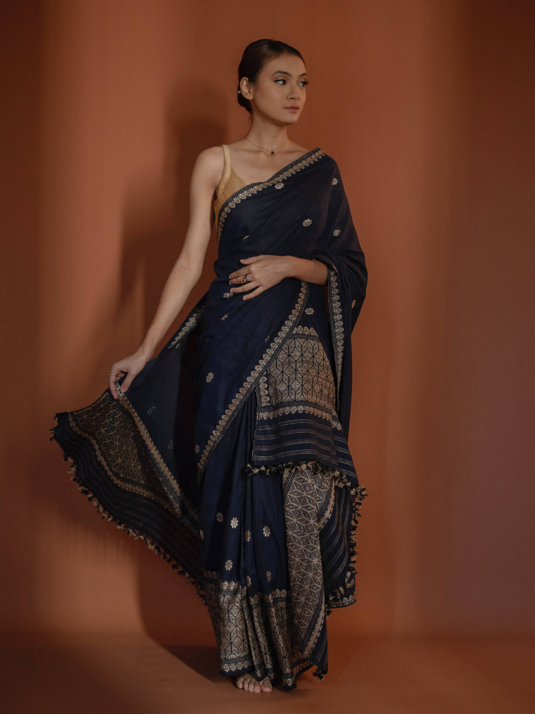 Indigo Blue Silk Cotton Mekhela Sador