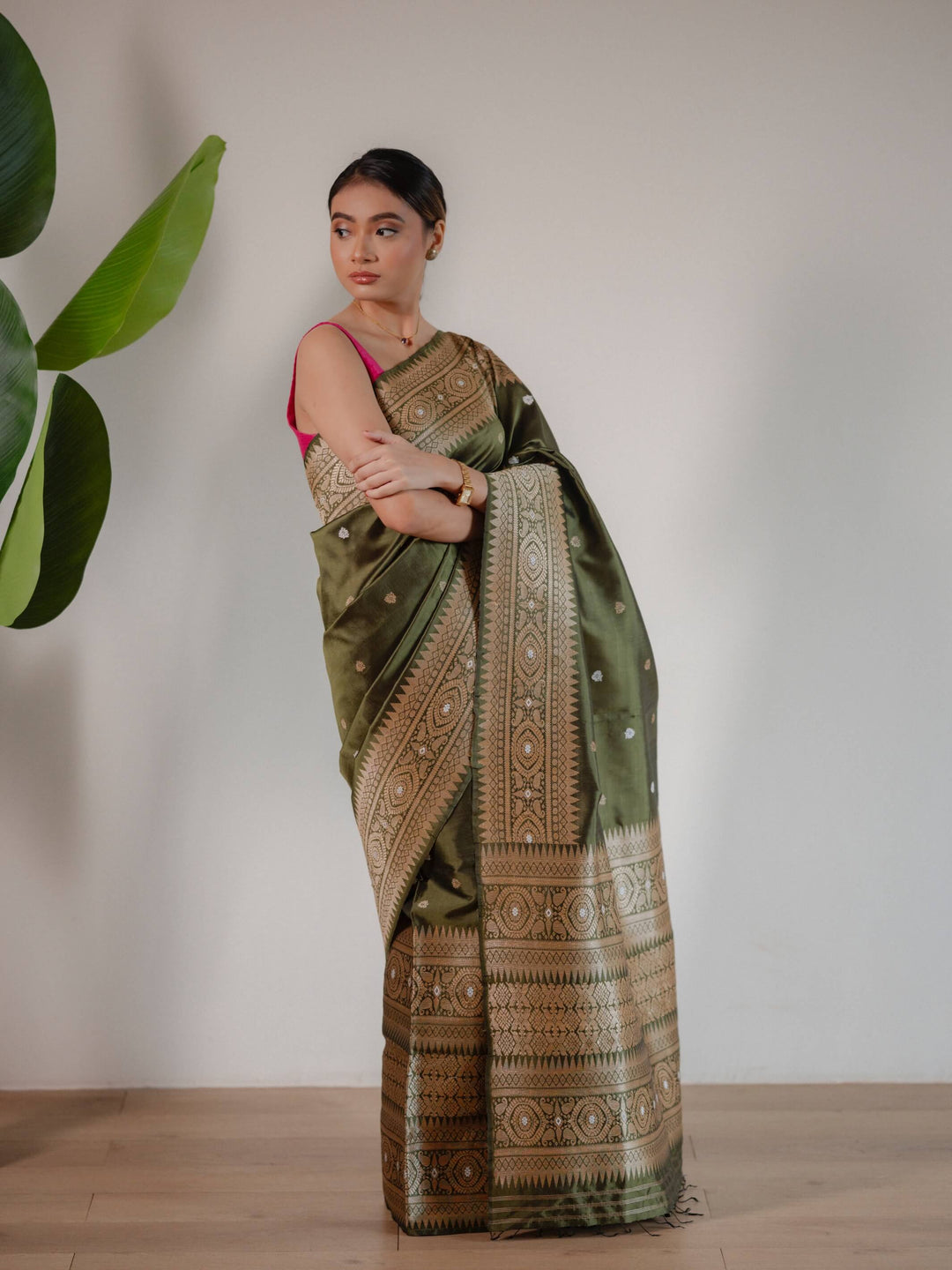 Olive Green Paat Silk Mekhela Sador