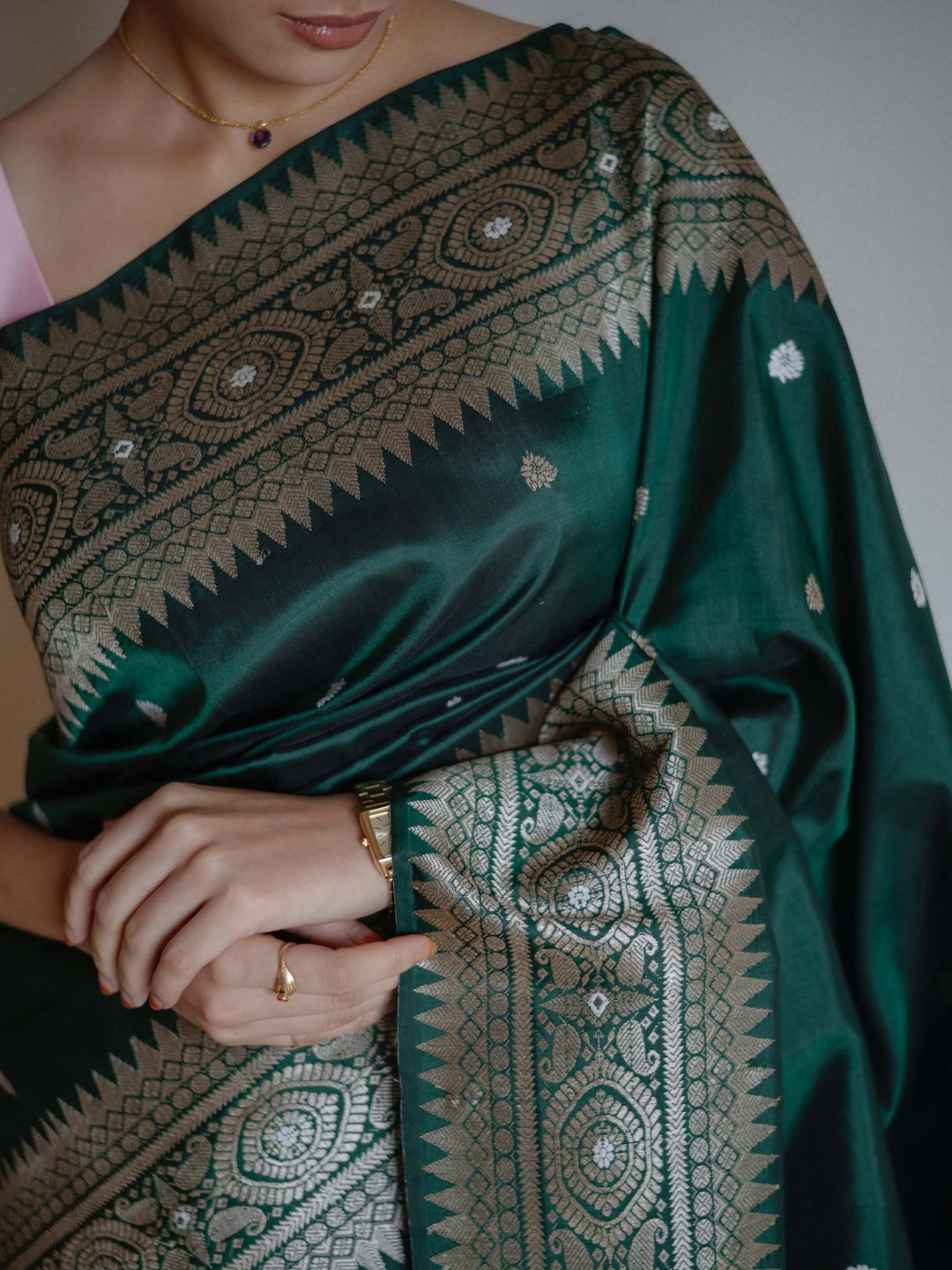 Pine Green Paat Silk Mekhela Sador