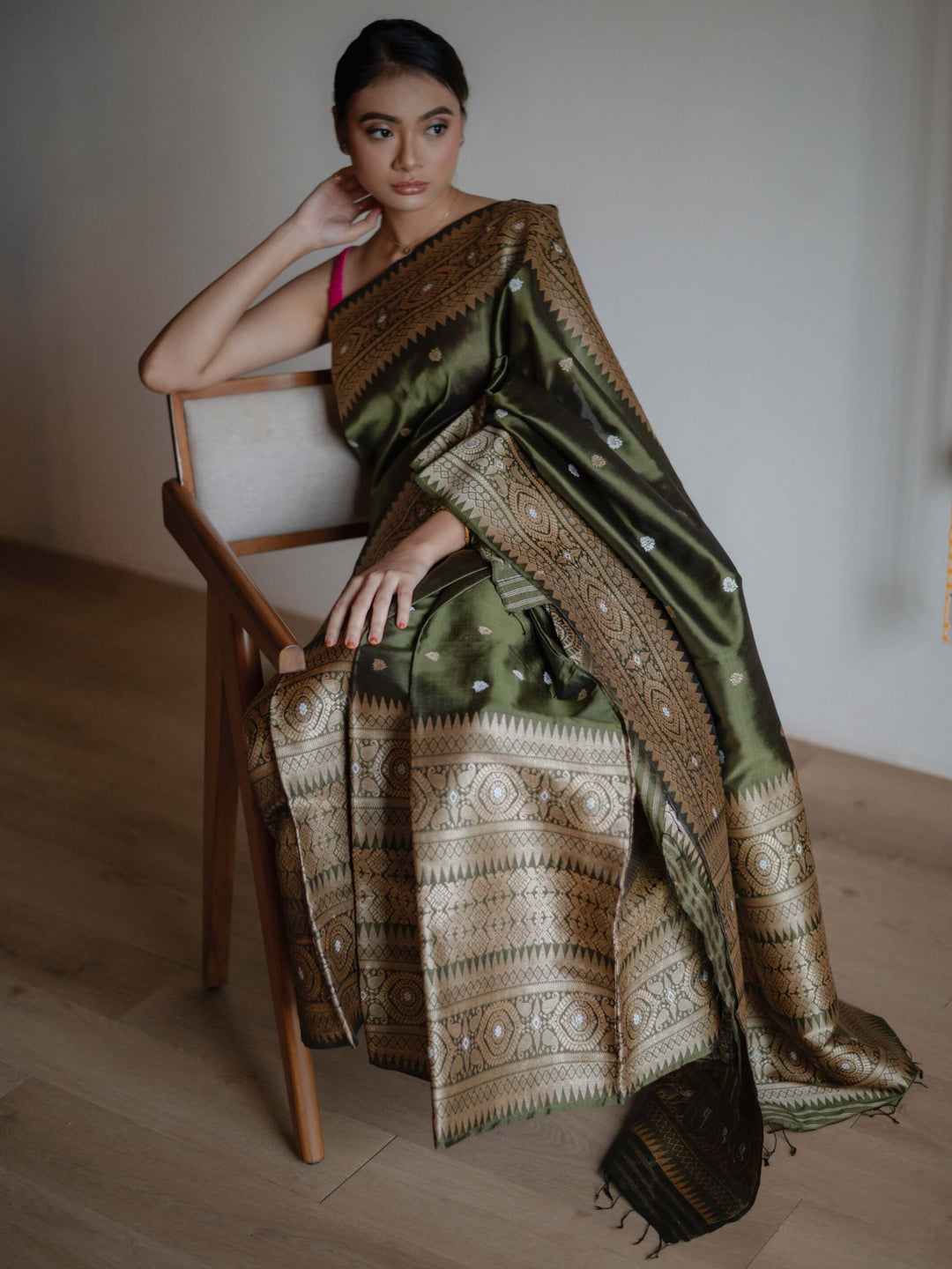 Olive Green Paat Silk Mekhela Sador