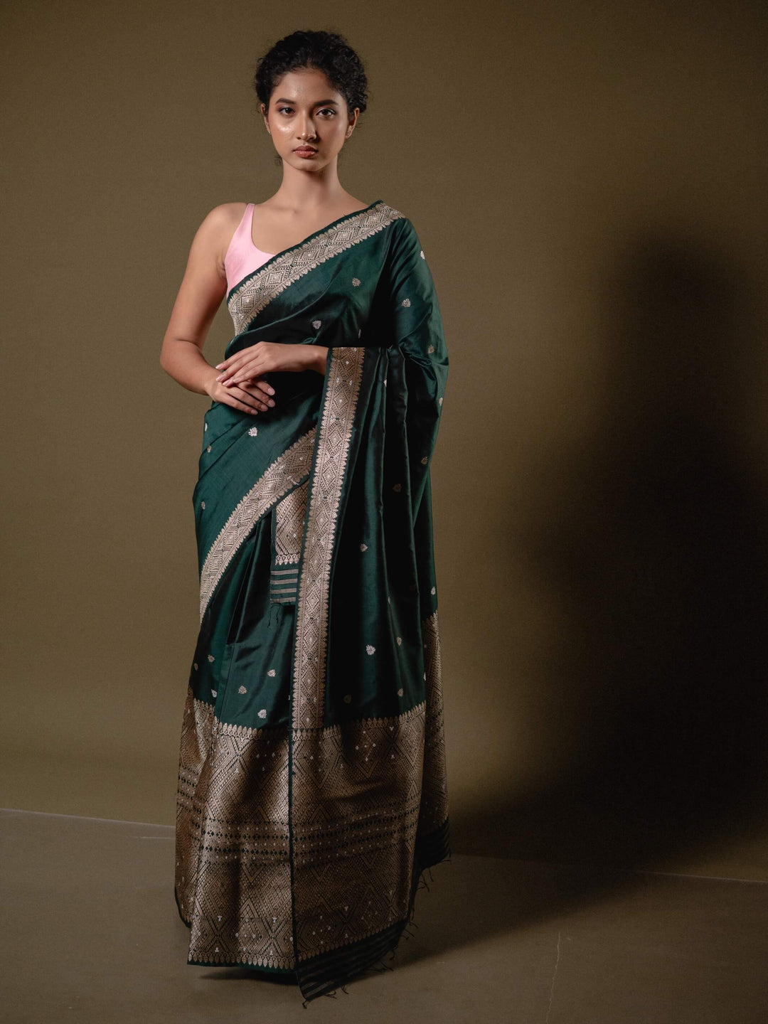 Forest Green Paat Silk Mekhela Sador