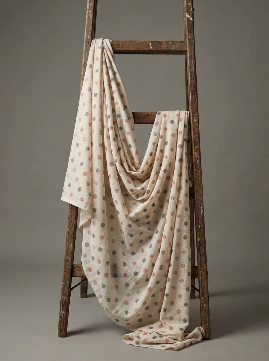 A cream-colored lightweight Eri silk fabric, with a pattern of small pink and gray polka dots, draped over a rustic wooden ladder against a neutral gray background.