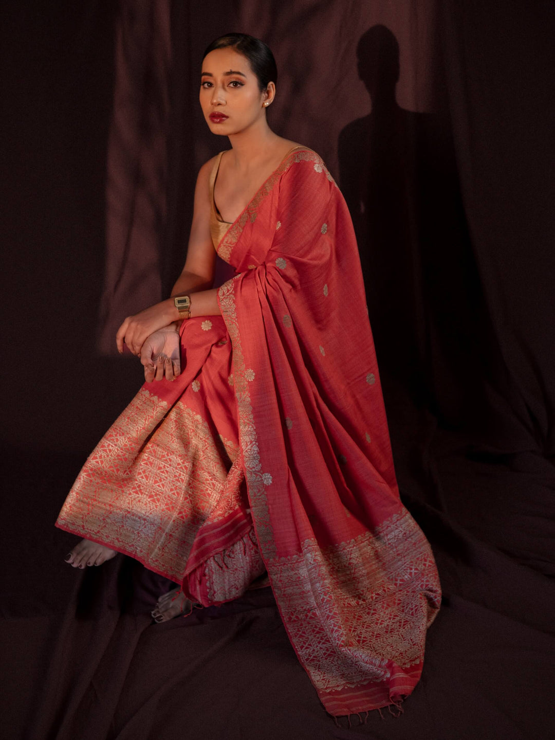 Red Eri Silk Mekhela Sador