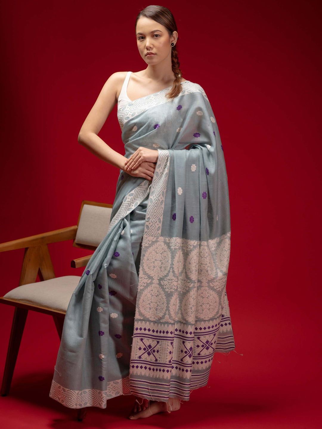 Smoky Blue Eri Kesa Paat Silk Saree