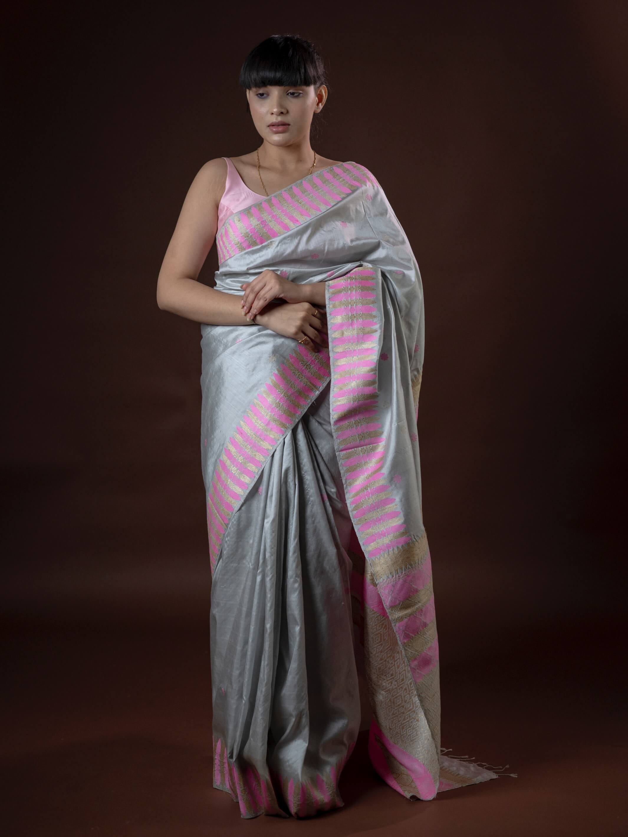 Buy Baby Pink Saree And Stitched Blouse With Crystal Embroidered Belt