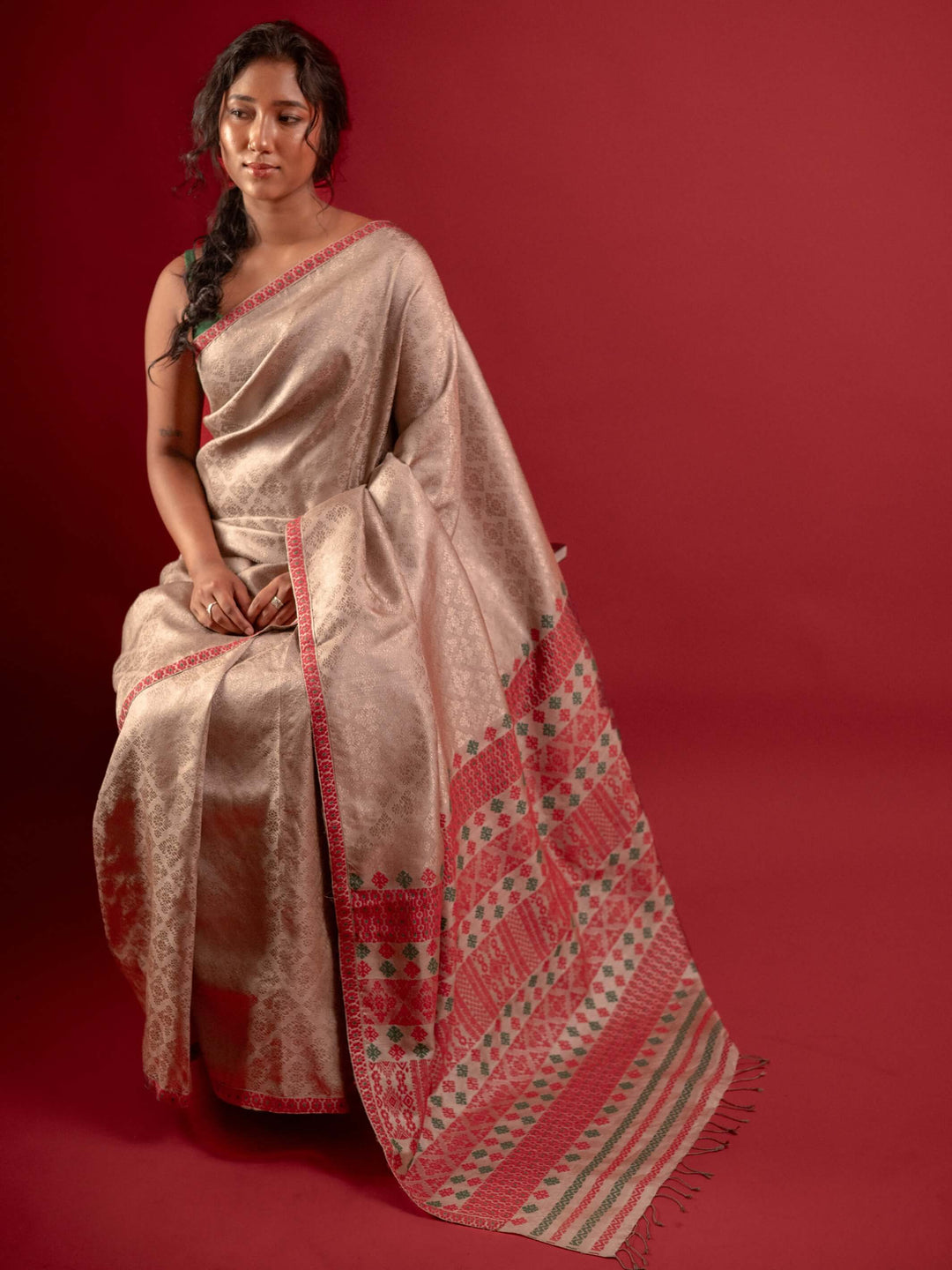 Red Tussar Silk Saree