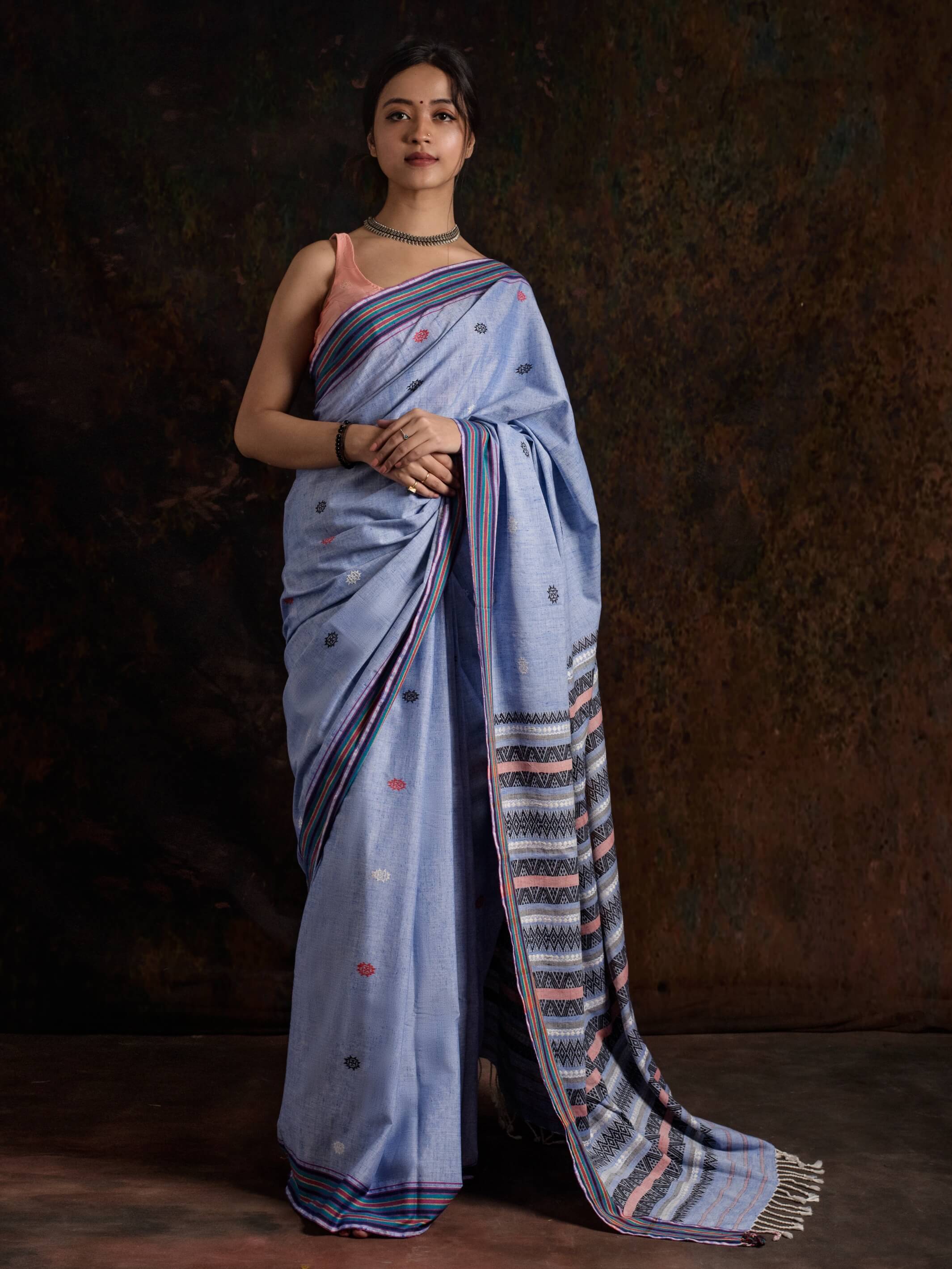 Aqua Blue-Purple Handloom Silk Cotton Saree – Prithas