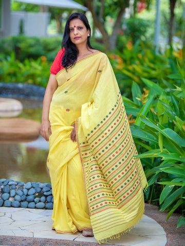 61074A - Silk Cotton plain saree with vibrant color combination (Yellow &  Ink Blue) * SALE 50% Off * | Swadeshi Boutique