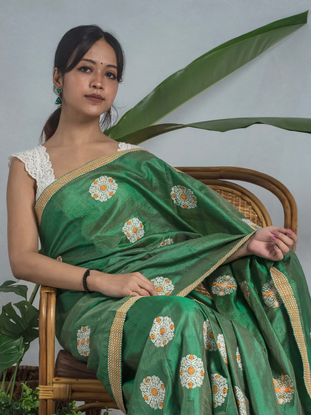 Green Paat Tussar Silk Mekhela Sador